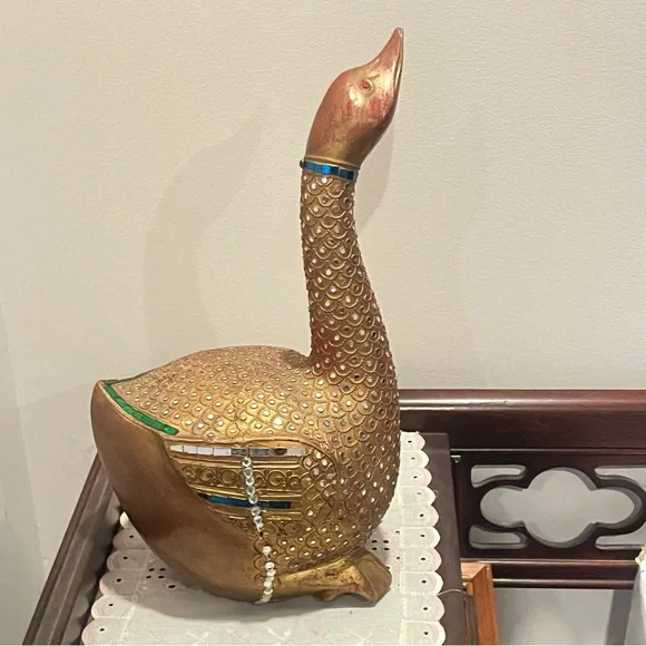 Folk Art Hand Carved Wood Decorated Golden Goose Sculpture Embossed Stone Carved - Picture 3 of 12